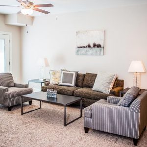 Model unit living room furnished in a contemporary style.