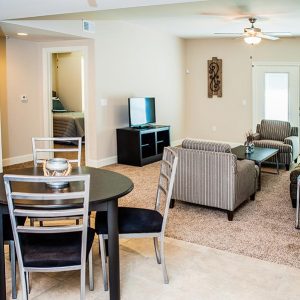 Model unit living area. Fully furnished and decorated in a contemporary style.