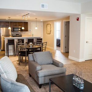 Model unit living area. Fully furnished and decorated in a contemporary style.