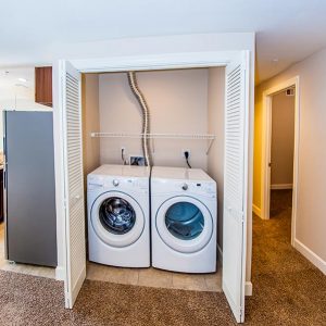 Model unit wash room featuring modern washer and dryer.