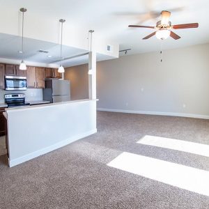 Model unit living area. Spacious living room and kitchen in-sight